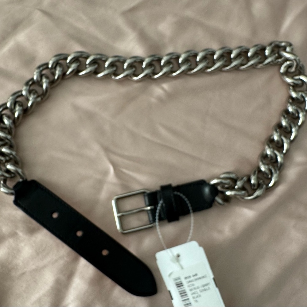 Alexander McQueen Black Leather Belt with Silver Chain